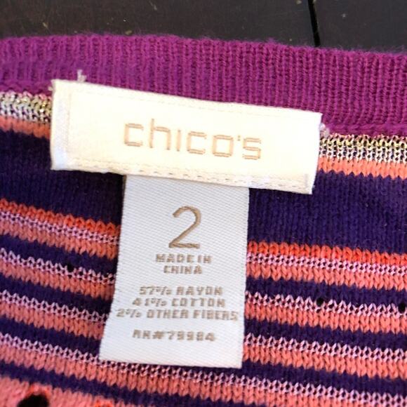 Chicos pink purple stripe crochet knit open front long cardigan size 2 or Medium - Picture 7 of 15
